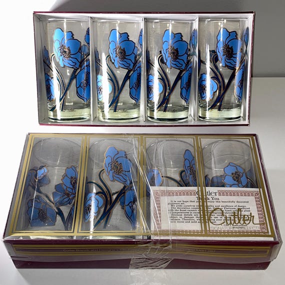 Vintage Cutler Highball Glasses Set, 22kt Gold Periwinkle Blue Floral, MCM Barware