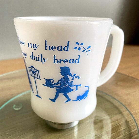 Vintage Fire King Milk Glass Mug: Daily Bread Prayer, Retro MCM Decor