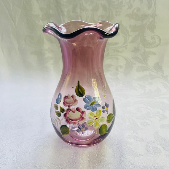 Handpainted Fenton Glass Floral Ruffled Vase, Amethyst Purple - Vintage Home Decor