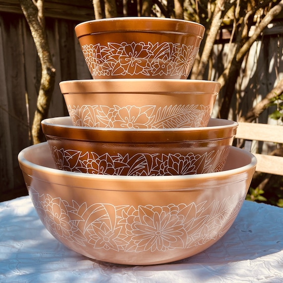 Pyrex Woodland Mixing Bowl Full Set of 4 • Vintage 401 402 403 404 Nesting Bowls • Corelle Brown Floral Pattern • 1970s Kitchen Decor
