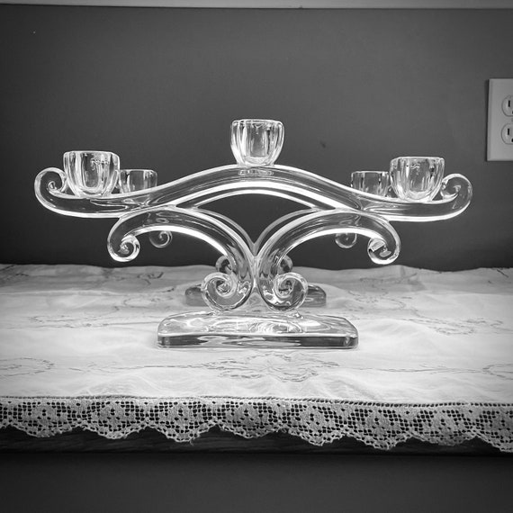 Viking Glass 3 Light Candelabra Pair - Mid Century Vintage Crystal Centrepiece, #425 Clear Scroll Pattern