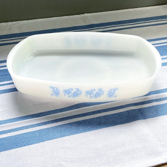 Federal Glass Blue Rose Milk Glass Casserole Dish: Mid-Century Kitchenware