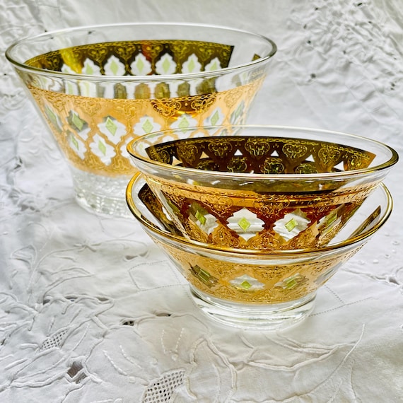 Culver Valencia Barware Set: Mid-Century Green & Gold Filigree Snack Bowls