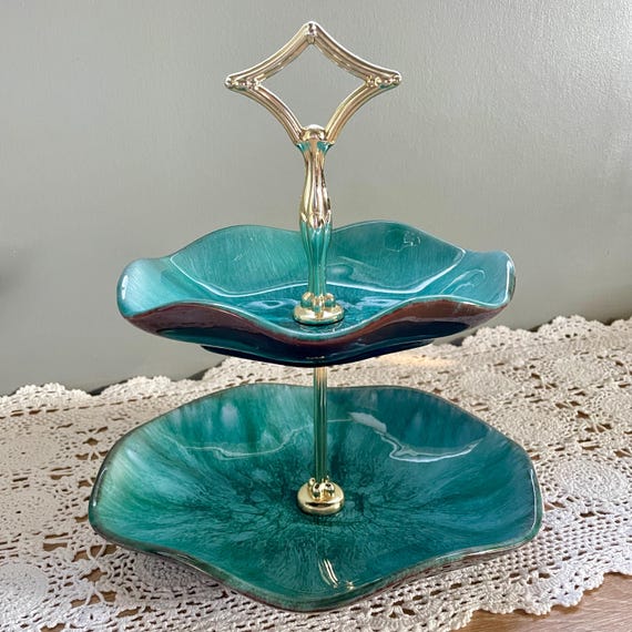 Blue Mountain Pottery Tidbit Tray: Teal Blue/Green Reflow Glaze, 2 Tier, Gold Handle