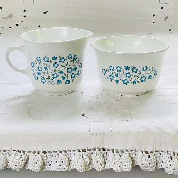 Creamer & Open Sugar Set Vintage Corelle by Corning Blue Heather White w/ Blue Flowers Vintage Tableware Serveware Farmhouse Cottage Kitchen