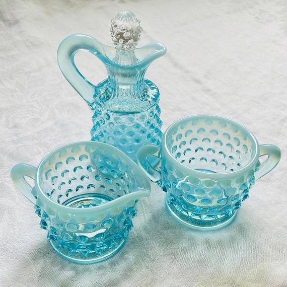 Vintage Fenton Hobnail Blue Opalescent Glass Set: Cruet & Stopper, Creamer, Open Sugar, Basket, Vase