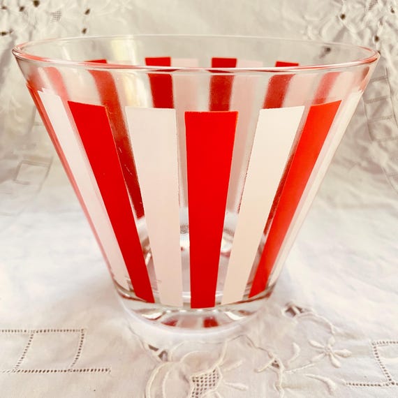 Rare Hazel‑Atlas Red & White Candy Stripe Ice Bucket • Vintage 1950s Glass Bowl • Mid-Century Barware or Snack Server