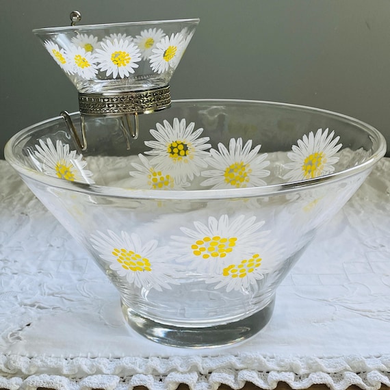 Retro Culver Daisy Chip and Dip Set: Anchor Hocking Glass with Brass Tone Holder