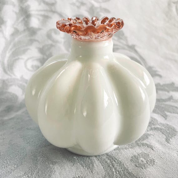 1940s Fenton Rose Crest Melon Bud Vase, Overlay Pattern White Milk Glass Vanity Perfume Bottle or Vase, Art Deco Vintage Art Glass