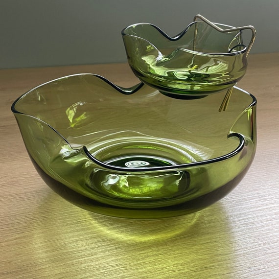 Vintage Anchor Hocking Accent Modern Chip & Dip Set — Avocado Green (c. 1970s)