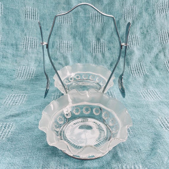 Art Deco Davidson Glass Relish Set: Blackberry Prunt Bowls, Chrome Caddy