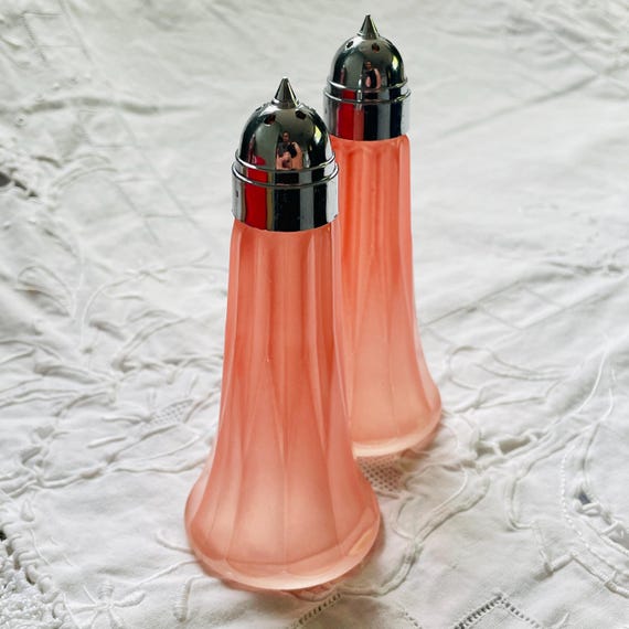 Vintage Libbey Pink Frosted Salt & Pepper Shakers: Mid-Century Chrome Lids