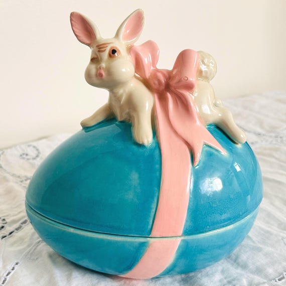 Vintage Kitsch Atlantic Mold Bunny Covered Candy Dish – Blue Easter Egg with Pink Bow