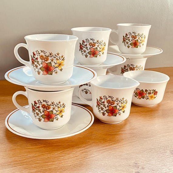 Vintage Corelle Indian Summer Set: Cups, Saucers, Creamer, Sugar Bowl