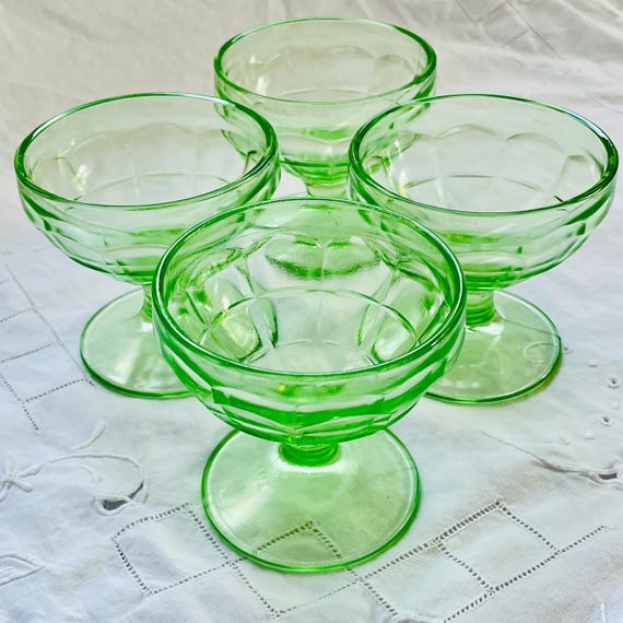 Set of 4 Colonial Block Green Depression Glasses • Hazel Atlas 1930s Sherbet Champagne Dessert Cups
