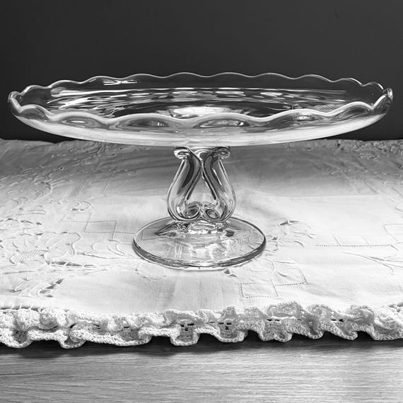 Viking Glass Pedestal Cake Stand 11", Etched with W.J. Hughes Corn Flower - Viking/New Martinsville Glass Co. Princess Round Cake Stand