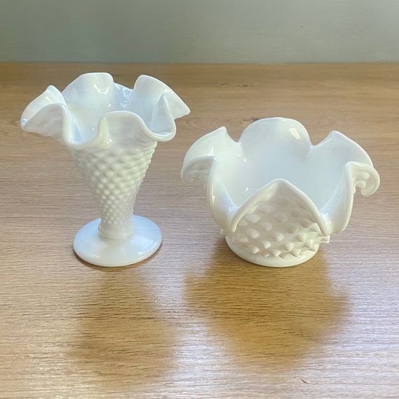 Collectible Fenton Vintage Hobnail Milk Glass: Star Bon Bon or Double Crimped Footed Vase, A Must-Have!