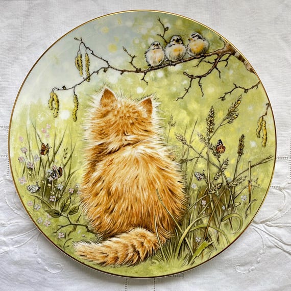 Vintage Cat Collector Plate • "Birdwatcher" by Pam Cooper • 1985 Royal Worcester Bone China • Kitten Classics • Made in England