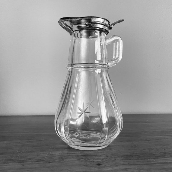 Depression Glass Rare Hazel Atlas Maple Syrup Molasses Pitcher Jug with Metal Lid Starburst Pattern Clear Vintage Serveware Tableware