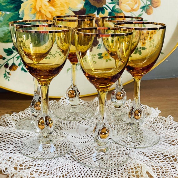 Set of 6 Golden Zuzana Wine Glasses – Jozef Stanik Czech Amber – 24K Gold Rim & Ball Stem – Mid Century Modern, Atomic Era Barware 1960s