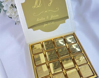 パーソナライズされたウェディングチョコレート（箱付き）、婚約祝いのチョコレートギフト、カスタムチョコレートウェディングギフト、スクエア型チョコレートウェディングギフト