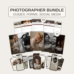 Op de afbeelding: Een fotografenbundel met gidsen, formulieren en social media templates. De collectie bevat 12 vragenlijsten, 5 sessiegidsen, 30 social media reels en 50 bericht-templates, allemaal weergegeven met fotografie in neutrale tinten.