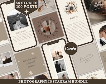 May include: A set of 54 Instagram story templates and 100 Instagram post templates for photographers. The templates feature a neutral colour palette of brown, beige, and white with floral accents. The text "54 Stories 100 Posts" is displayed in a large font at the top of the image. The text "PHOTOGRAPHY INSTAGRAM BUNDLE" is displayed at the bottom of the image.
