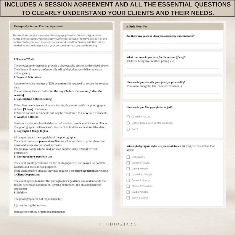 earth tone design minimal modern photographer portfolio layout editable customizable branding webdesign canva landing page onepage site aesthetic clean simple professional portfolio for photographers creatives small business owners easy to edit drag and drop canva website builder budget friendly digital template instant download marketing tool online presence showcase your work client friendly design Includes Session Agreement essential questions to clearly understand your clients and their