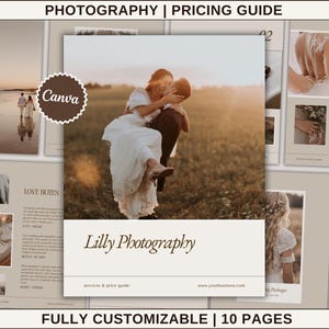 May include: A photography pricing guide template with a brown and white colour scheme. The cover features a couple kissing in a field. The text "Lilly Photography" is in a brown font. The text "services & price guide" is in a smaller font below the title. The text "www.yourbusiness.com" is in a smaller font below the services & price guide text. The text "FULLY CUSTOMIZABLE | 10 PAGES" is at the bottom of the page.