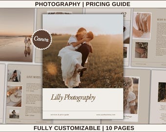 May include: A photography pricing guide template with a brown and white color scheme. The cover features a couple kissing in a field. The text "Lilly Photography" is in a brown font. The text "services & price guide" is in a smaller font below the title. The text "www.yourbusiness.com" is in a smaller font below the services & price guide text. The text "FULLY CUSTOMIZABLE | 10 PAGES" is at the bottom of the page.