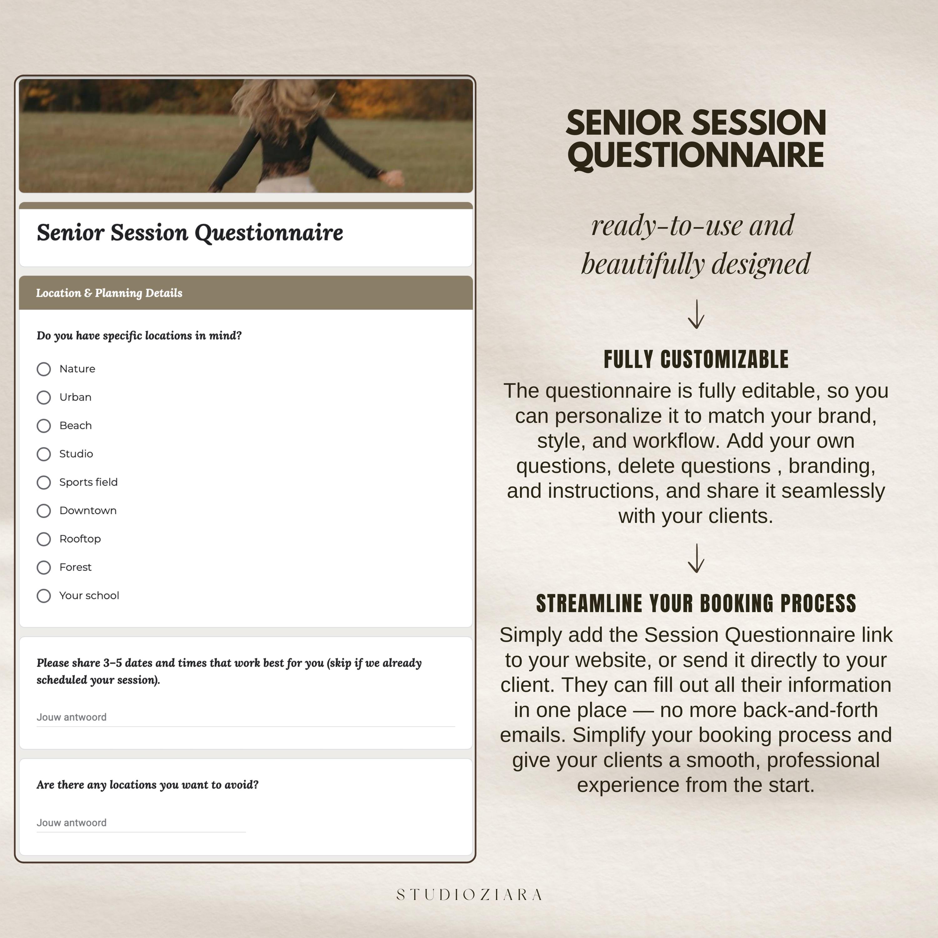 Senior Questionnaire.pdf Digital Senior Session Questionnaire Template Editable Google Form Pre ...