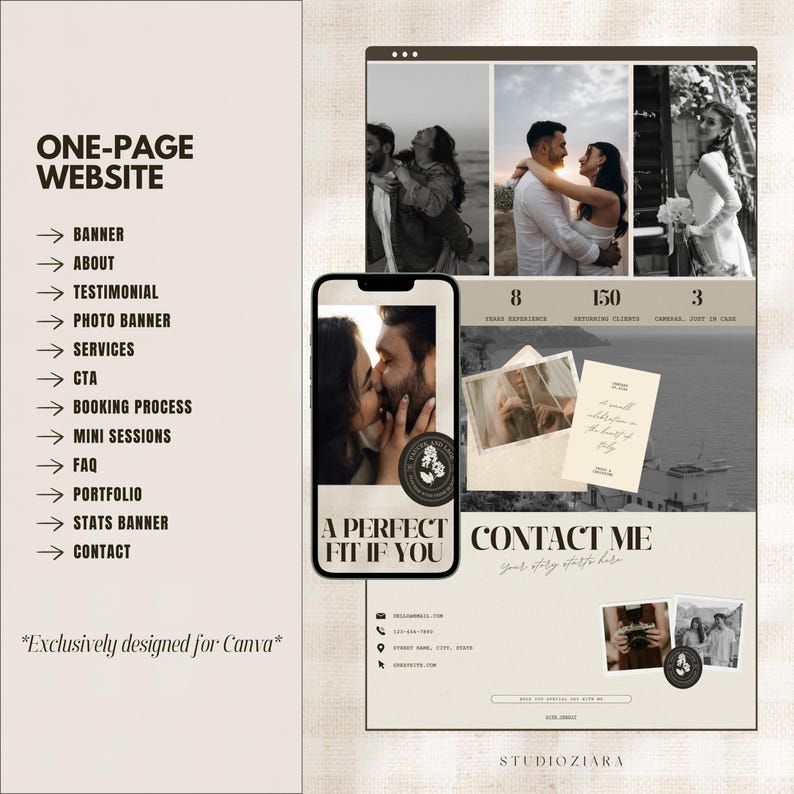 one page canva website template photography website neutral earth tone design minimal modern photographer portfolio layout editable customizable branding webdesign canva landing page onepage site aesthetic clean simple professional portfolio for photographers creatives small business owners easy to edit drag and drop canva website builder budget friendly digital template instant download marketing tool online presence showcase your work client friendly design