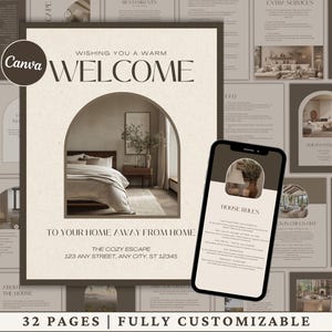 Könnte beinhalten: Ein Willkommensleitfaden für Gäste, die in einem Ferienhaus übernachten. Der Leitfaden enthält Informationen über die Hausordnung, Annehmlichkeiten und lokale Sehenswürdigkeiten. Das Cover zeigt ein warmes, einladendes Schlafzimmer mit einem großen Bogenfenster. Der Text "Wishing you a warm welcome" ist oben auf der Seite angezeigt.