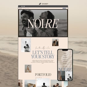 May include: A website design featuring a couple embracing, with the word "NOIRE" in large letters. The website's content includes the text "LET'S TELL YOUR STORY" and a portfolio section, displayed on a desktop and a mobile phone.