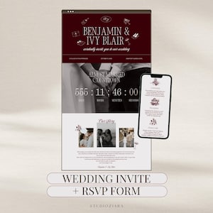 May include: Digital wedding invitation and RSVP form design. The invitation features the names Benjamin & Ivy Blair in a burgundy header. A countdown timer shows 555 days, 11 hours, 46 minutes, and 00 seconds. The design includes photos and text.