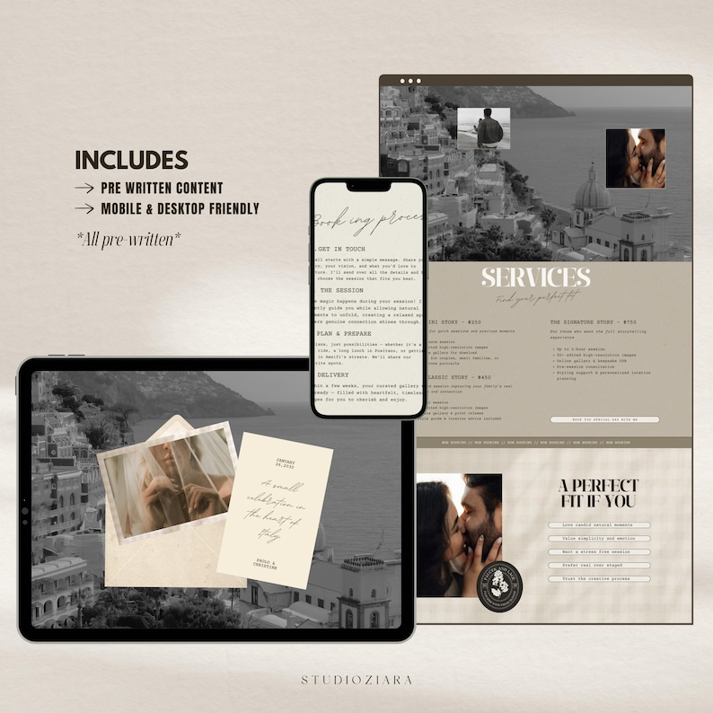 one page canva website template photography website neutral earth tone design minimal modern photographer portfolio layout editable customizable branding webdesign canva landing page onepage site aesthetic clean simple professional portfolio for photographers creatives small business owners easy to edit drag and drop canva website builder budget friendly digital template instant download marketing tool online presence showcase your work client friendly design