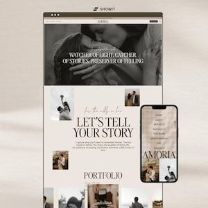 May include: A website design mockup showing a desktop computer and a smartphone. The "AMORIA" website displays a photography portfolio with the text "WATCHER OF LIGHT, CATCHER OF STORIES, PRESERVER OF FEELING."