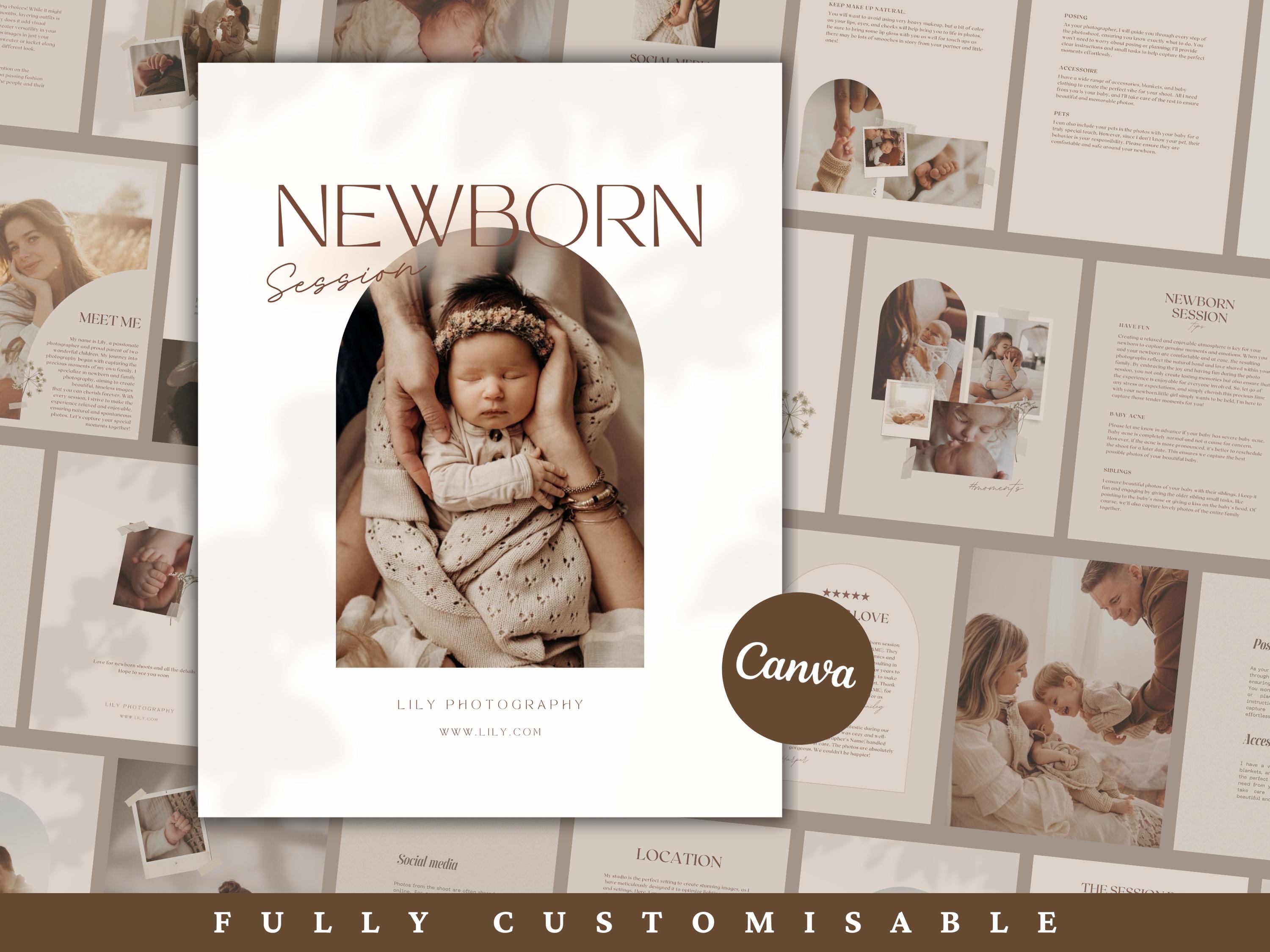 Pre-written NEWBORN session welcome Guide Template for photographers style guide magazine fully customizable pricing guide CANVA