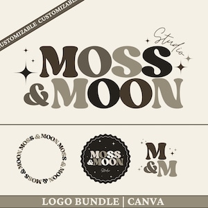May include: A logo bundle for Canva featuring the text "Moss & Moon Studio" in a retro style with stars. The bundle includes a circular logo, a square logo, and a monogram logo.