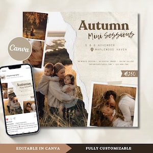 Può includere: Un volantino per una mini sessione fotografica autunnale. Il volantino è marrone e bianco con un effetto carta strappata. Presenta il testo "Autumn Mini Sessions" e le date "5 & 6 novembre". Il volantino include anche la posizione "Maplewood Haven" e il prezzo "€250".