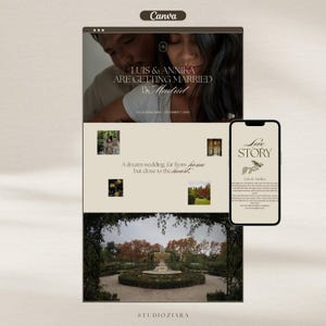 May include: A wedding invitation design with the text "LUIS & ANNIKA ARE GETTING MARRIED IN Madrid". The design includes a photo of a couple, a garden scene, and a smartphone mockup with the words "Love Story".