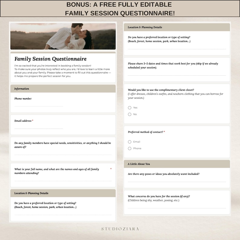 earth tone design minimal modern photographer portfolio layout editable customizable branding webdesign canva landing page onepage site aesthetic clean simple professional portfolio for photographers creatives small business owners easy to edit drag and drop canva website builder budget friendly digital template instant download marketing tool online presence showcase your work client friendly design Includes Session Agreement essential questions to clearly understand your clients and their