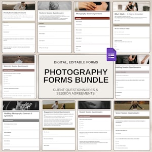 Op de afbeelding: Een digitale bundel met fotografieformulieren met vragenlijsten en sessieovereenkomsten. De formulieren omvatten vragenlijsten voor gezins-, pasgeboren-, zwangerschaps-, bruilofts-, verlovings-, boudoir- en senioren-sessies, plus een bruiloftsfotografiecontract.