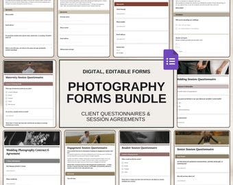 Pakiet formularzy fotografii cyfrowej W pełni edytowalne kwestionariusze Umowy Faktury i formularze Google Wstępnie przygotowany przepływ pracy dotyczący przyjmowania klientów