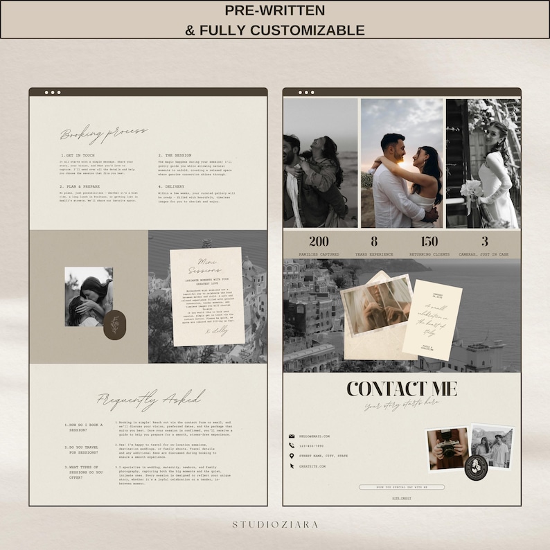 one page canva website template photography website neutral earth tone design minimal modern photographer portfolio layout editable customizable branding webdesign canva landing page onepage site aesthetic clean simple professional portfolio for photographers creatives small business owners easy to edit drag and drop canva website builder budget friendly digital template instant download marketing tool online presence showcase your work client friendly design