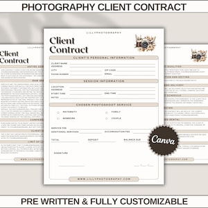 Può includere: Un modello di contratto cliente di fotografia stampabile beige e marrone con una grafica di una fotocamera stilizzata. Il contratto include sezioni per le informazioni del cliente, i dettagli della sessione, il servizio di shooting fotografico scelto, i prezzi e una riga per la firma.