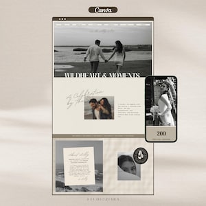 Peut inclure: Maquette de conception de site web sur le thème de la photographie de mariage. La conception comprend une page d'accueil avec un couple se tenant la main, le texte "Wildheart & Moments" et un téléphone portable affichant un portrait. La conception comprend également le texte "A Celebration by the Sea."