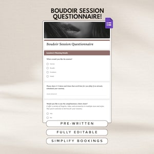 Może przedstawiać: Kwestionariusz sesji buduarowej zatytułowany "KWestionariusz SESJI BOUDOIR!". Formularz zawiera sekcje dotyczące lokalizacji, dat i preferencji dotyczących garderoby klienta. Formularz zawiera opcje: Dom, Studio, Plener i Hotel. Formularz zawiera również opcje: Tak i Nie.