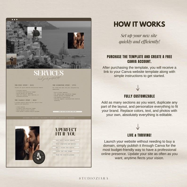 one page canva website template photography website neutral earth tone design minimal modern photographer portfolio layout editable customizable branding webdesign canva landing page onepage site aesthetic clean simple professional portfolio for photographers creatives small business owners easy to edit drag and drop canva website builder budget friendly digital template instant download marketing tool online presence showcase your work client friendly design