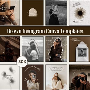 May include: A set of brown Instagram Canva templates. The designs include text overlays, photographs, and graphics. The text includes phrases such as "Why Rest", "Everything communicates", and "Welcome to my world!"